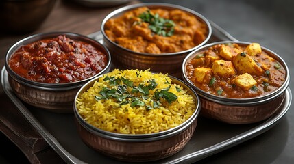 Culinary Delights of an Indian Themepark: three bowls with yellow rice and chicken biryani on an elegant silver tray, traditional cutlery beside it