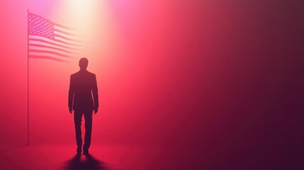 Silhouette of a Businessman Standing in Front of an American Flag Surrounded by a Vibrant Pink-Red Fog, Symbolizing Patriotism and Aspiration in an Abstract Environment