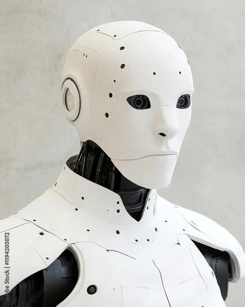 Poster close-up of a humanoid robot displaying advanced design and features.