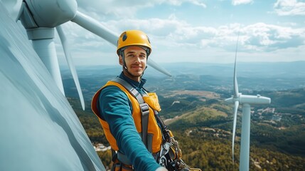 A technician in safety gear poses on a wind turbine, showcasing a scenic landscape and promoting renewable energy.