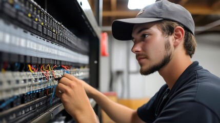 A focused technician works on a network panel, connecting wires with precision in a well-lit technical environment.