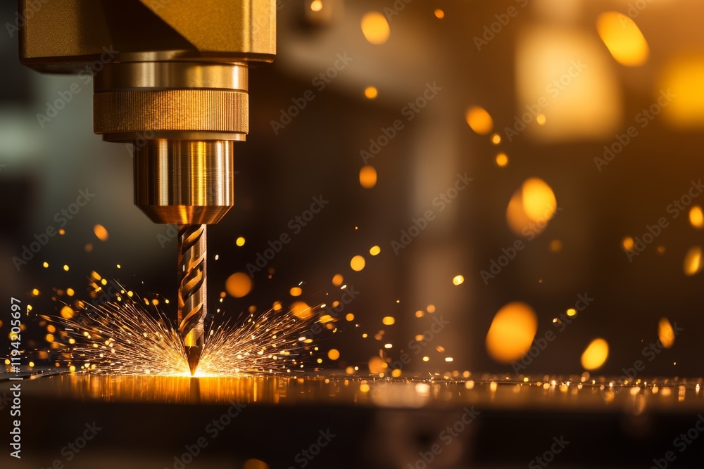 Poster cnc milling machine operates in a workshop, showcasing a rotating tool cutting through metal while s