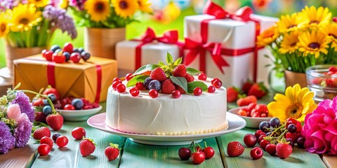 Naklejka premium Festive Birthday Cake Panoramic: Red Berries, Gifts & Flowers