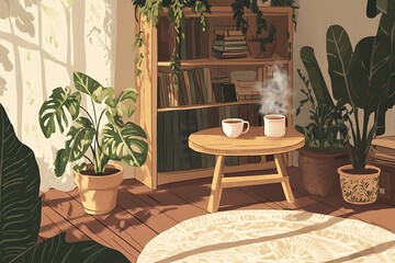 Cozy Home with Plants and Coffee
