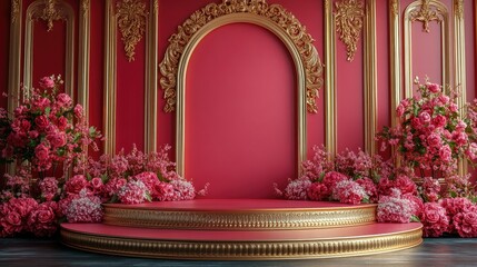 Obraz premium Opulent Red and Gold Interior with Floral Decor: A Luxurious Architectural Design