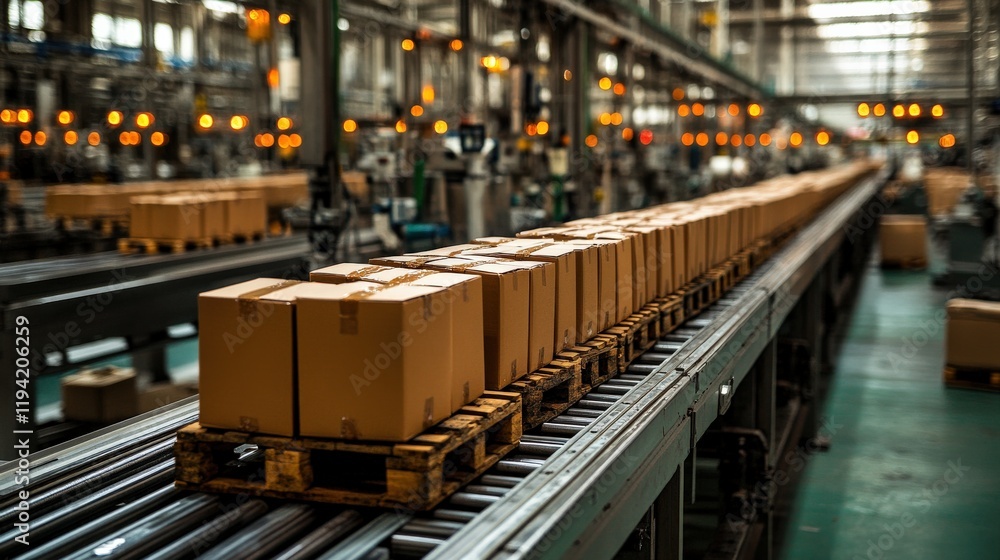 Poster industrial warehouse with conveyor belt system transporting boxes in a modern facility showcasing ef