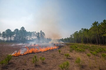 A controlled fire engages in a prescribed burn to manage vegetation in a forest area, with smoke drifting upward beneath a clear sky