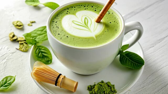 Matcha green tea cup accompanied by matcha powder and whisk on a clean surface with green leaves, A cup of matcha green tea and matcha powder with a matcha green tea maker on a simple background