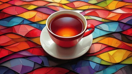 Red cup of tea on colorful abstract background.