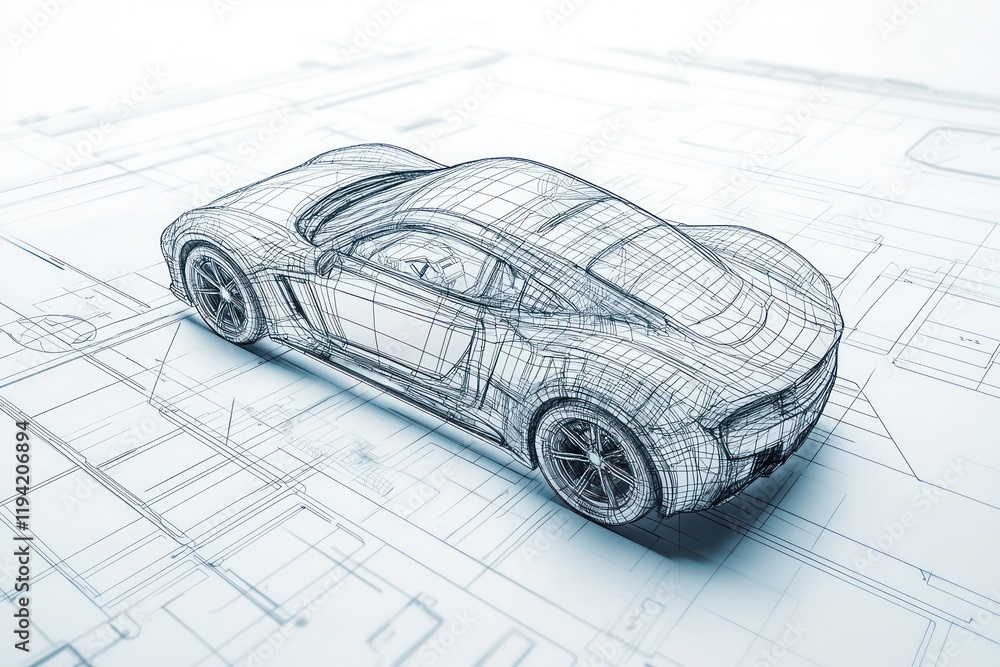 Poster high-tech automobile displayed in a conceptual wireframe, emphasizing modern design.