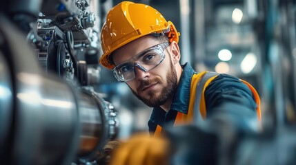 A focused worker in safety gear examines machinery in an industrial setting, showcasing commitment to safety and precision in operations.