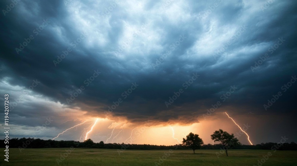 Poster dark storm clouds gather overhead as bright lightning illuminates the sky, creating an intense atmos