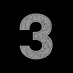Stylish Artistic Representation of Number Three with Intricate Line Patterns on a Black Background for Modern Design Applications