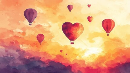 Fototapeta premium Romantic hot air balloon ride at sunset, heart-shaped balloons flying across the sky, watercolor illustration