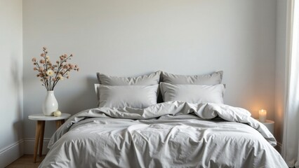 Serene Bedroom Sanctuary  Neutral-toned bedding, a simple vase of dried flowers, and a softly lit candle create a peaceful and restful atmosphere.