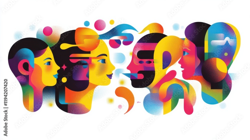 Poster vibrant and colorful abstract representation of diverse faces engaging in communication and connecti