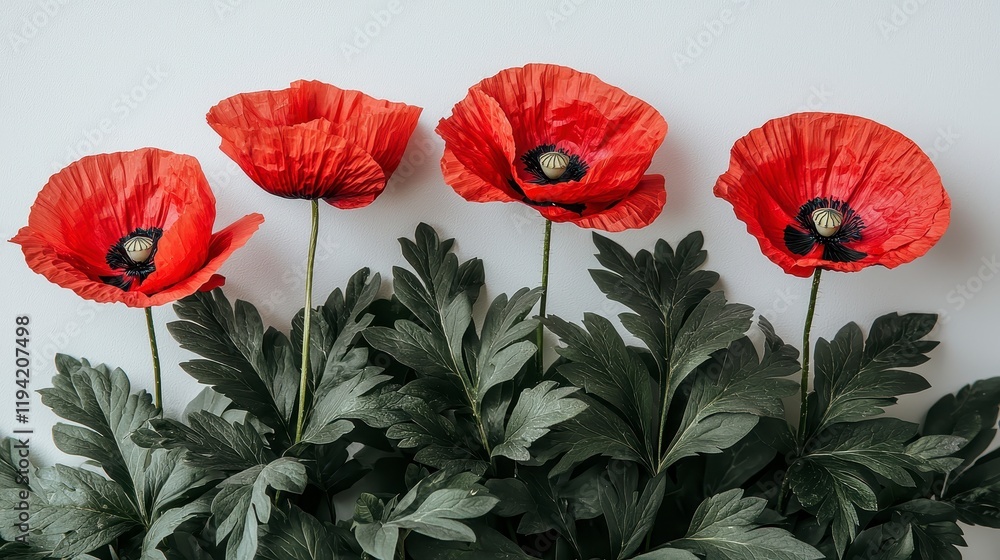 Wall mural Four red poppies with green leaves on white background.