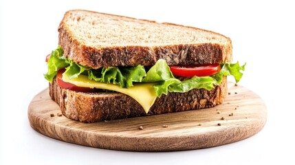 Freshly Made Sandwich with Whole Grain Bread, Crispy Lettuce, Juicy Tomato, and Creamy Cheese on a Wooden Cutting Board Against a White Background