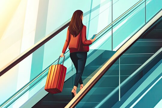 A woman with a smartphone in hand, ascending an escalator with a suitcase in a modern airport terminal.