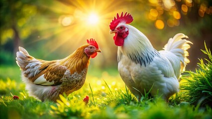 Fototapeta premium Free-Range Brahma & Leghorn Chickens Foraging in Lush Pasture - Macro Photography