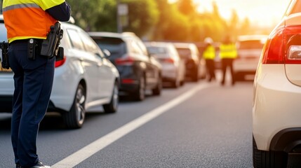 A police officer stands beside a line of parked vehicles at a checkpoint as the golden hour sun casts a warm glow, creating a calm and secure atmosphere