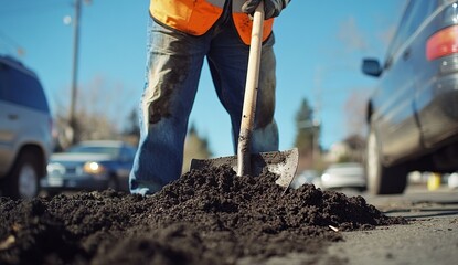 Worker Digs Hole with Shovel, Filling Dirt Outdoors Bright Sunlight Day