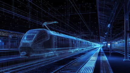 Starry sky-like dark blue wireframe of a modern train at a railway station.
