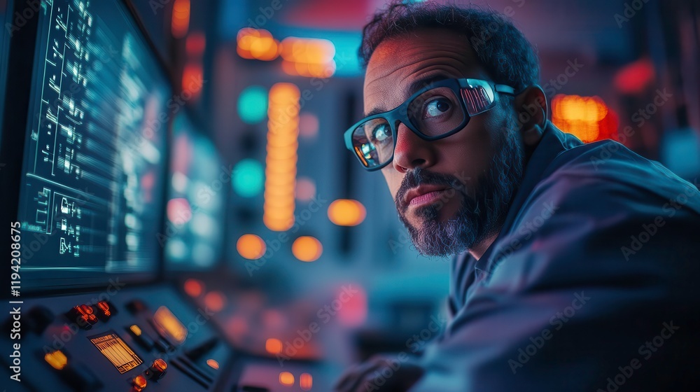 Poster a focused technician working at a control panel, surrounded by glowing screens and buttons, emphasiz
