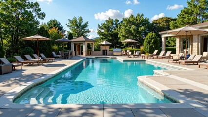 Sun-kissed azure ripples dance in a rectangular oasis, bordered by serene beige loungers, inviting tranquility under open skies.  