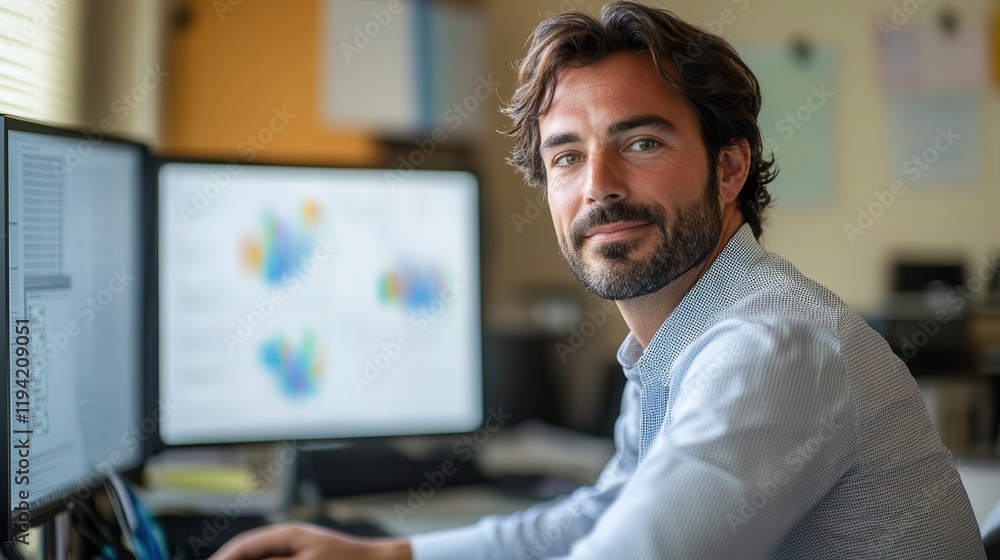 Poster a focused professional sits at a desk, looking at the camera, with multiple monitors displaying colo