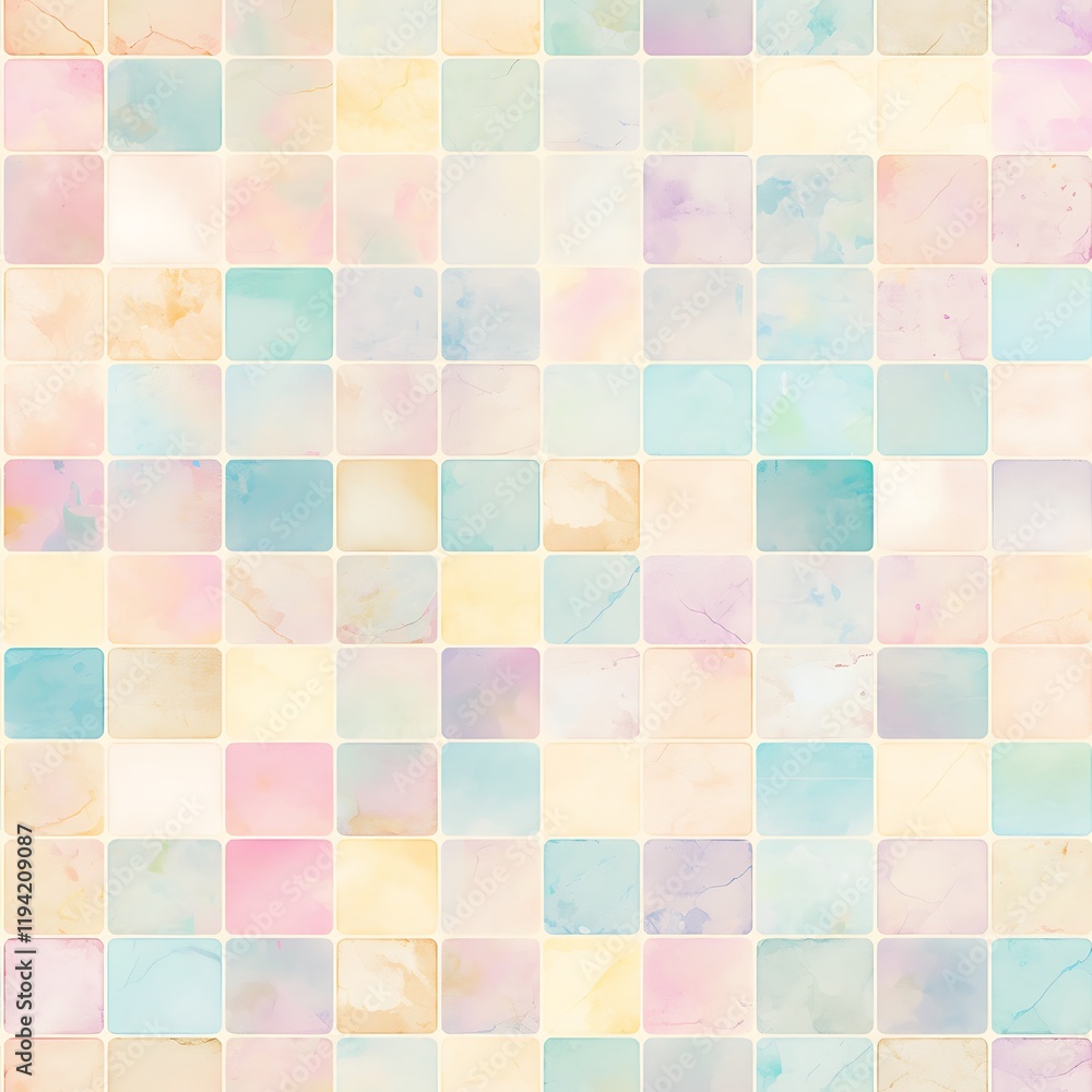 Poster squares arranged in a grid, each one filled with a different muted pastel color, creating a soothing