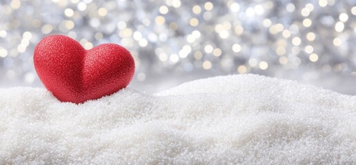 Fototapeta premium Sparkling Red Heart in Winter Snow, Festive Holiday Background Image love shiny white bright silver glitter