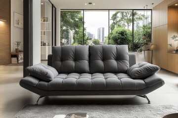 Elegant gray sofa bed with silver legs and buttons, dual seating for living room or bedroom, multifunctional, stylish, space-saving design.