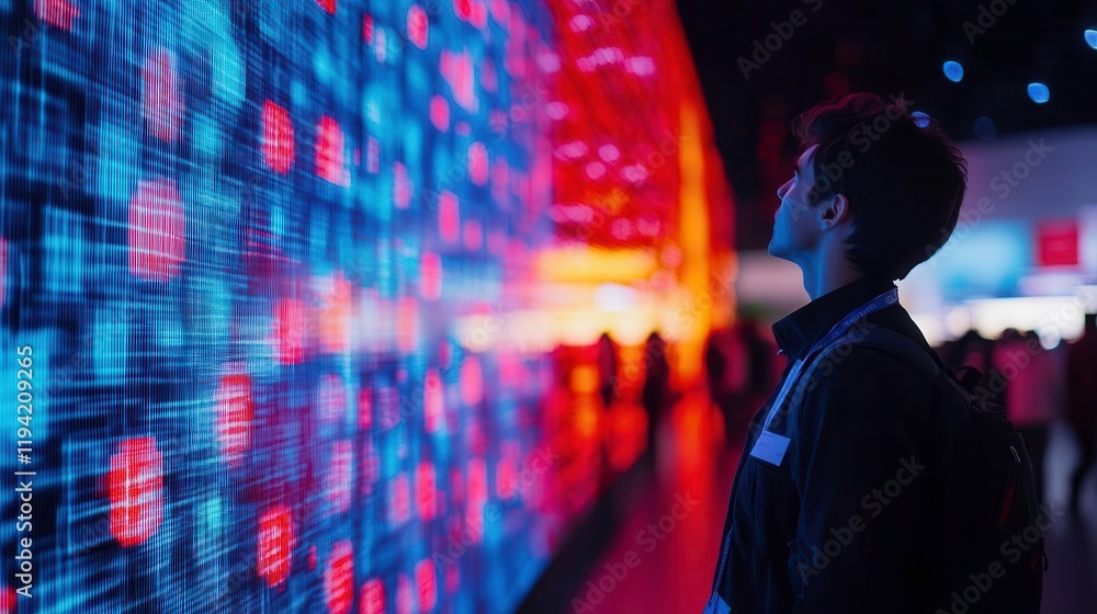 Poster a person gazes at an illuminated digital display with vibrant blue and red patterns, evoking a sense