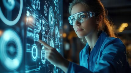 Obraz premium A focused woman in futuristic glasses interacts with a digital interface, showcasing technology and innovation in a high-tech environment.