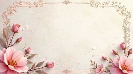 Elegant Floral Frame with Delicate Pink Blooms and Scattered Petals on a Soft Textured Background