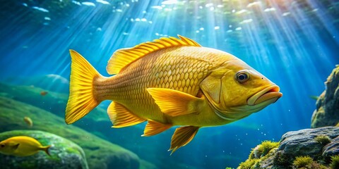 Fototapeta premium Giant Yellow Fish Swimming Left, Copy Space, Underwater Scene