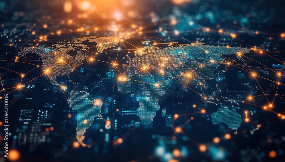 Aufkleber global network: interconnected world, data flows seamlessly, illuminating digital pathways, fosterin