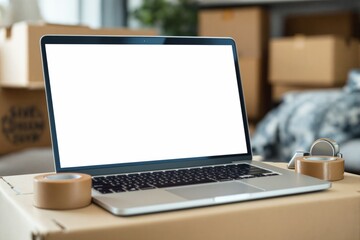 Fototapeta premium Open laptop with blank white screen placed on a cardboard box, surrounded by brown packing tape rolls, blurred background of a home with boxes, concept of moving or e-commerce setup. Ai generative