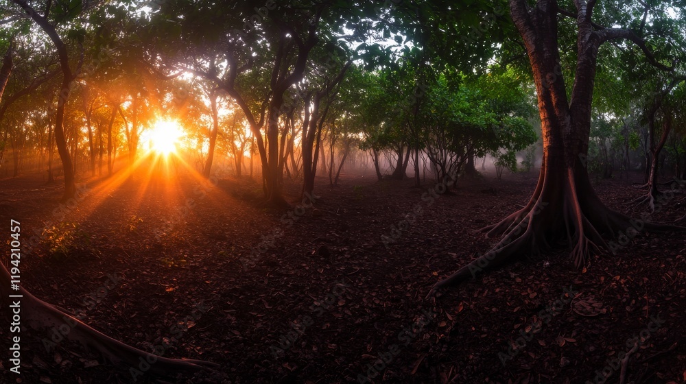 Poster Serene dawn breaks through the trees, casting soft beams of light onto the forest floor, creating a peaceful energy and a sense of tranquility