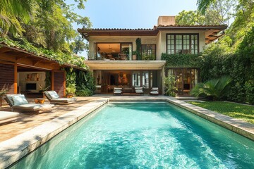 Fototapeta premium Modernist villa with pool and terrace, beige concrete walls, wooden slats on facade, large windows overlooking garden, high-end interior design in Miami Beach.