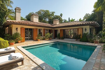 Fototapeta premium Modernist villa with pool and terrace, beige concrete walls, wooden slats on facade, large windows overlooking garden, high-end interior design in Miami Beach.