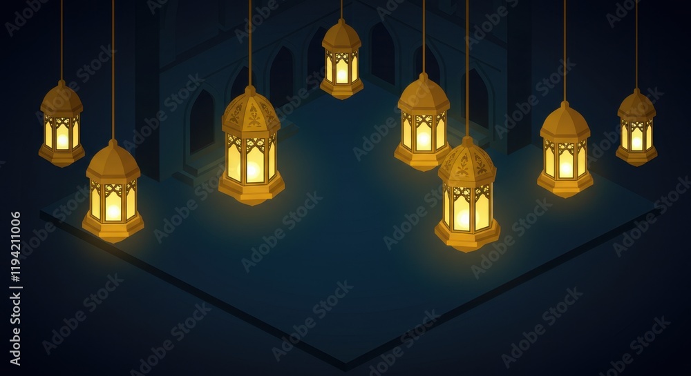 Poster glowing lanterns illuminating dim ambient space in elegant symmetry