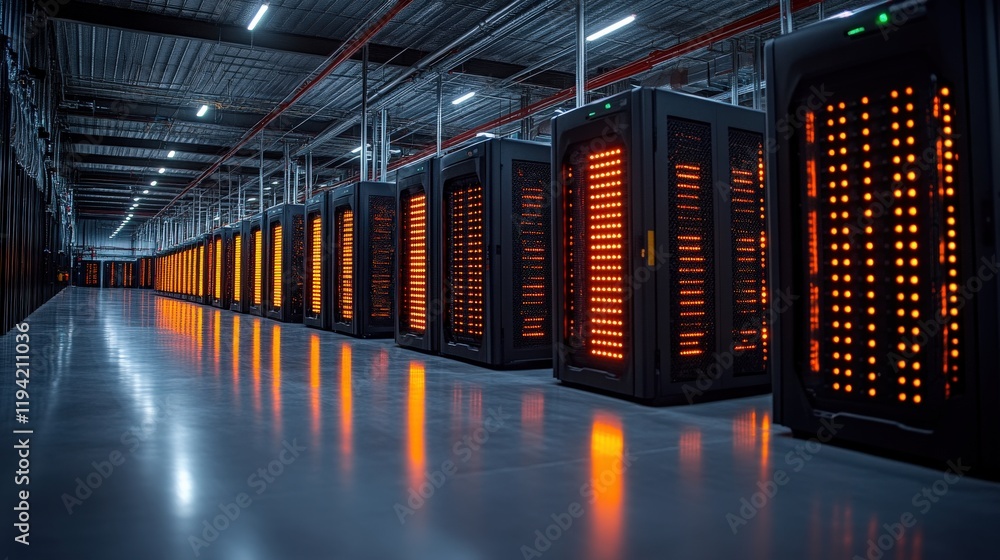 Poster high-tech data center with rows of server racks illuminated by orange lights in a modern facility se
