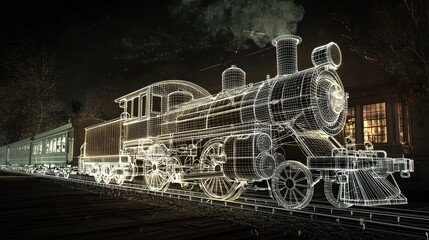 Virtual reality historical setting showcases a high-resolution wireframe steam locomotive.