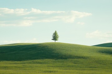 Serene Landscape with Isolated Green Tree on Hilltop Beneath Soft Blue Sky and Gentle Clouds, Evoking Beauty and Tranquility in Nature's Design