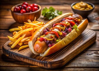 Gourmet Grilled All-Beef Hot Dog with Crispy Fries and Coleslaw
