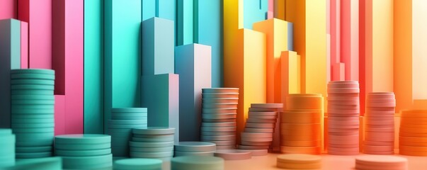 Obraz premium A vibrant abstract representation of financial growth, featuring colorful stacks of coins and bar graphs.