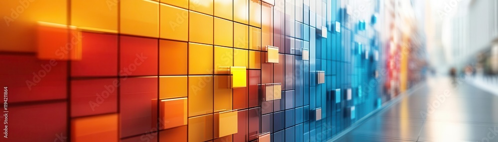 Poster a vibrant, abstract wall featuring colorful blocks in orange and blue hues, creating a dynamic visua