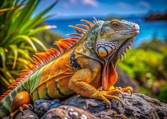 Fototapeta premium Green Iguana in Tropical Habitat - Full Body Aerial View